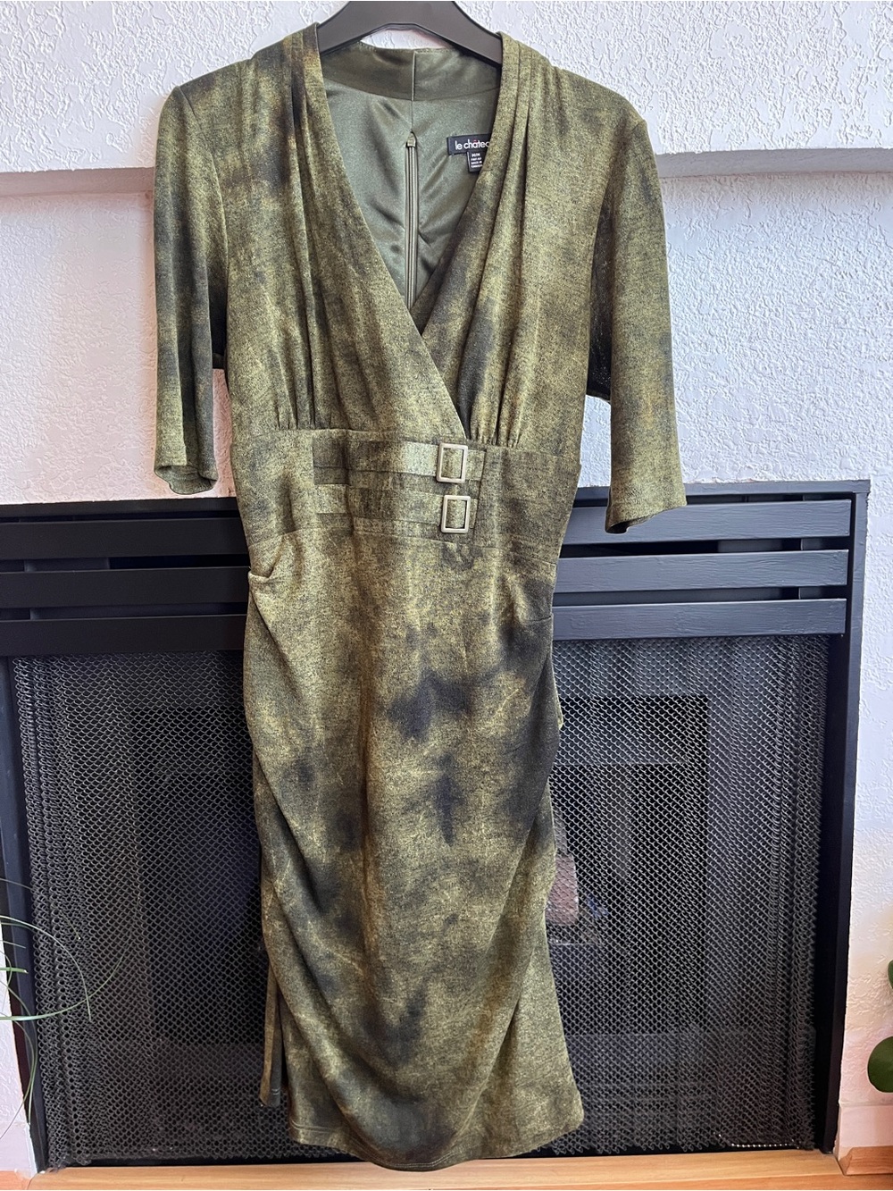 le chateau Moss Green Faux-Wrap Midi Dress with Buckle Detail